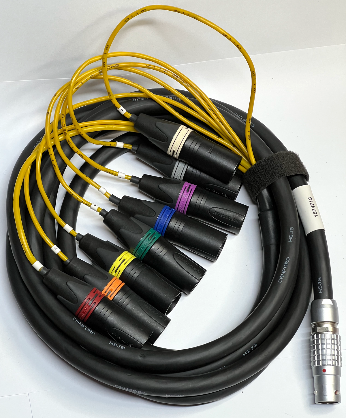 Mogami multipair cable with a LEMO 3B 16-pin connector, fanning out to eight colour-coded Neutrik XLR tails